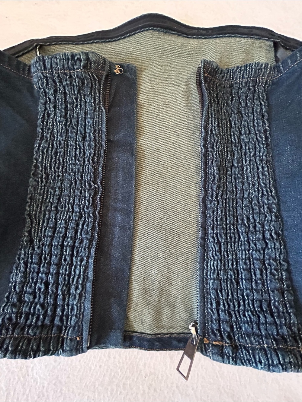 Kenneth Cole Denim Bustier Strapless Corset Top Size L Blue Back Zipper Smocked - Picture 3 of 7